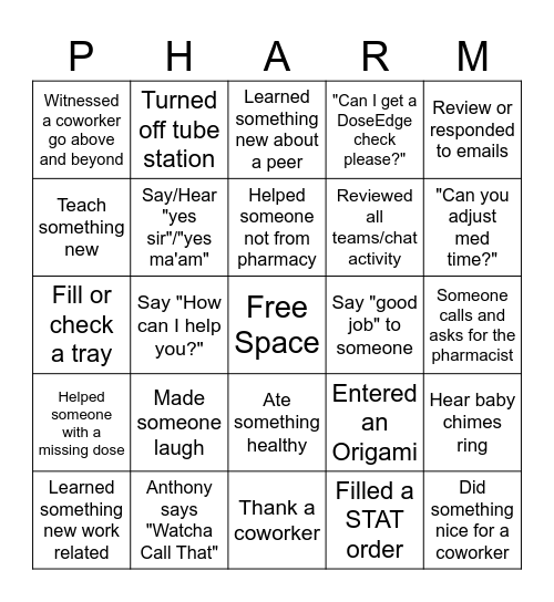 Pharmacy Bingo Card
