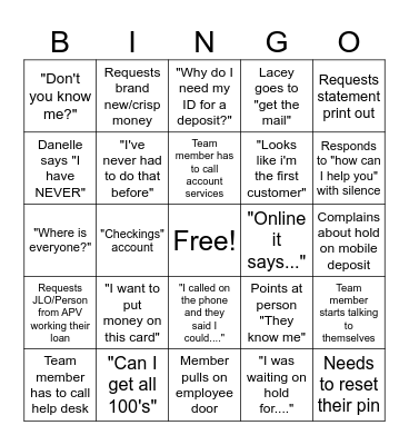 Member Service Bingo Card