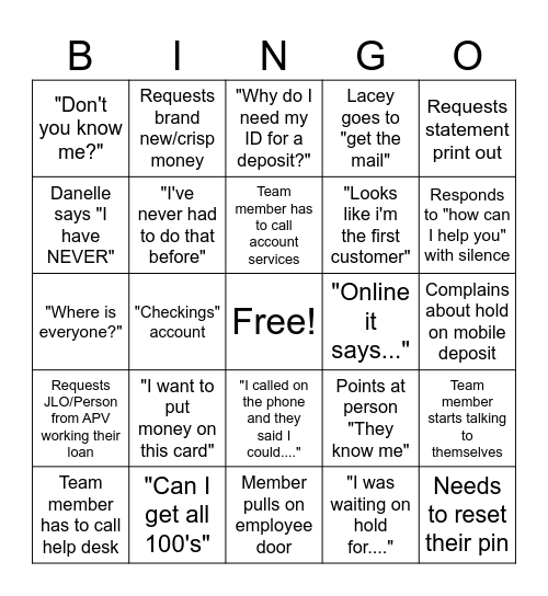 Member Service Bingo Card