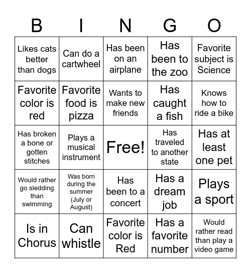 Getting to Know You Bingo Card