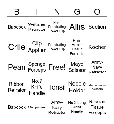 Surgical Instrumentation Bingo Card