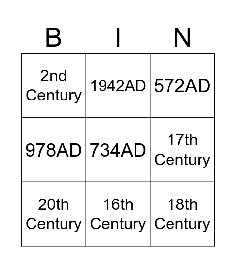 Dates and Centuries Bingo Card