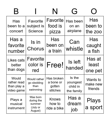 Getting to Know You Bingo Card