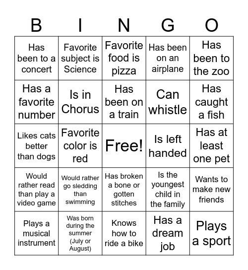 Getting to Know You Bingo Card