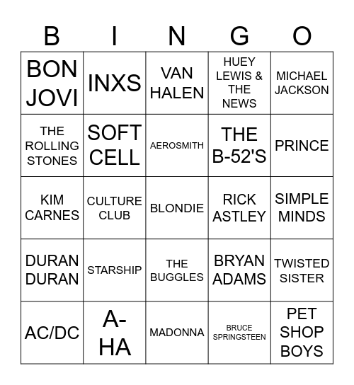 BINGO 80'S Bingo Card