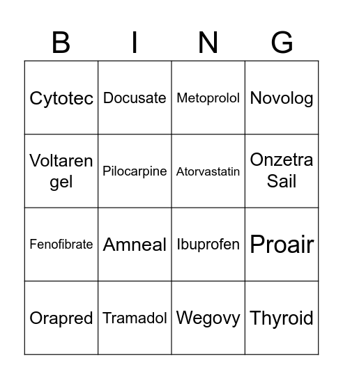 Pharmacy Bingo Card