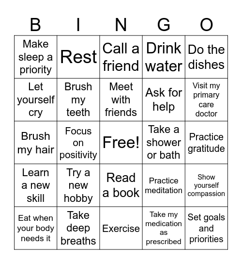 Self Care Bingo Card