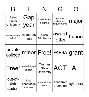 College Bingo Card