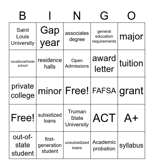 College Bingo Card