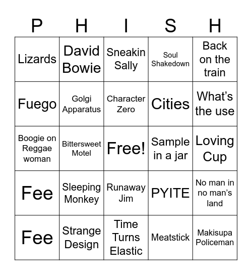 Kate & Sue:  Chicago Phish Bingo Card