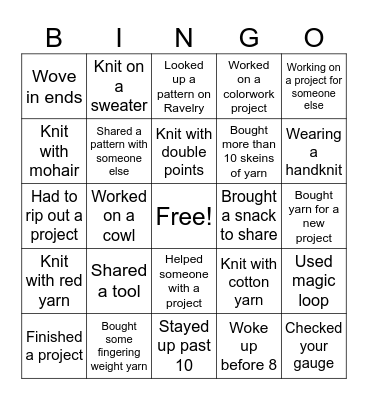 Knitting Retreat Bingo Card