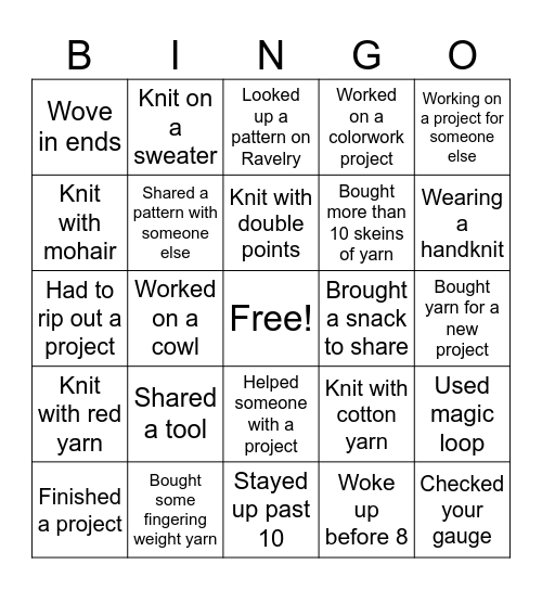 Knitting Retreat Bingo Card