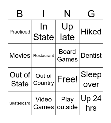 Fall Break Bingo Card