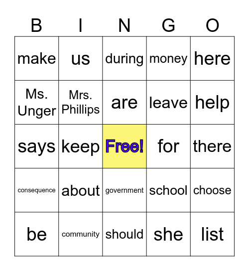 Rules & Laws Spelling Bingo Card