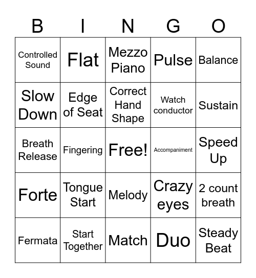 Band Rehearsal Bingo Card