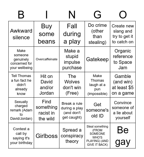 Degenerate Bingo Card