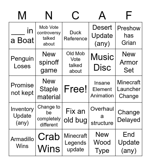 Minecraft Live 2023 Bingo Card