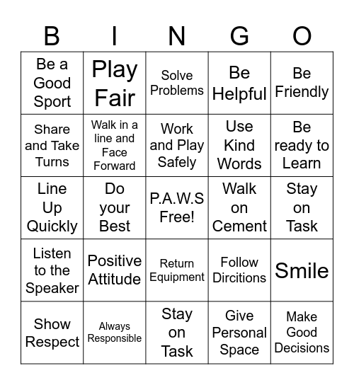 P.A.W.S Bingo Card