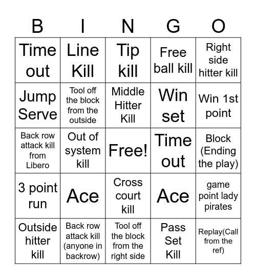 Varsity Volleyball Bingo Card