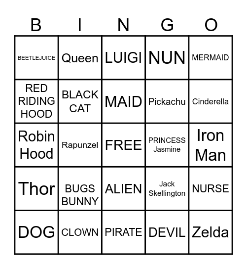 COSTUME BINGO Card