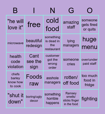 Kitchen Nightmares chaos Bingo Card