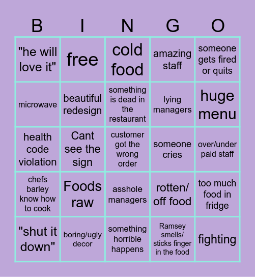 Kitchen Nightmares chaos Bingo Card