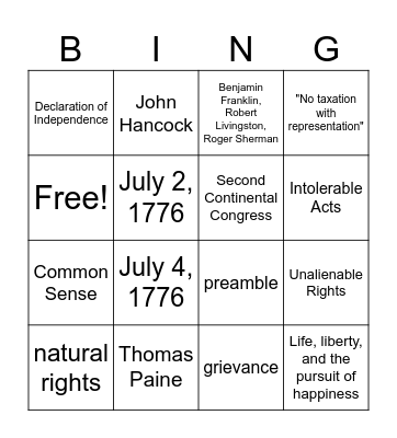 Declaration of Independence Bingo Card
