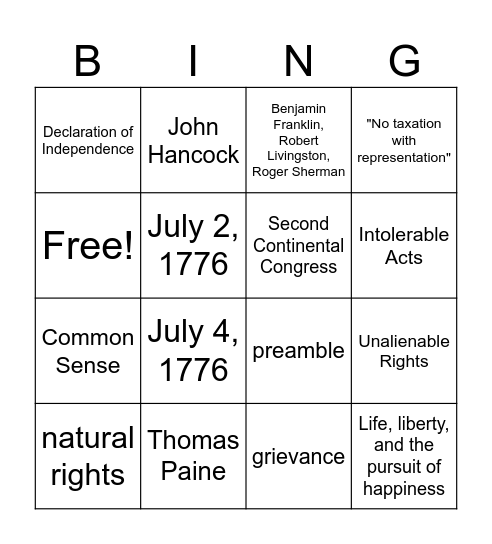 Declaration of Independence Bingo Card