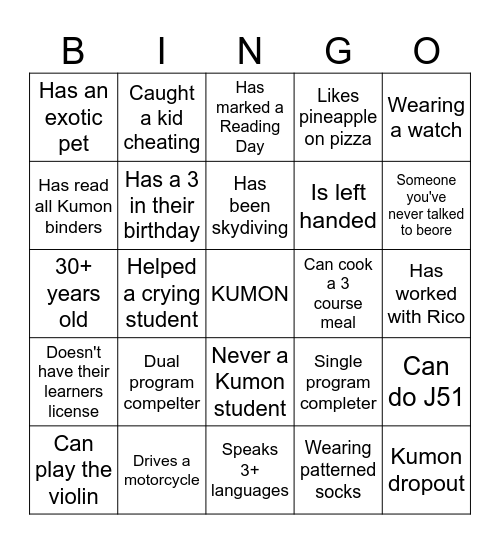 Kumon Bingo Card