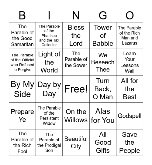 Godspell Bingo Card