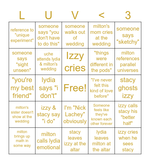 Love Is Blind Bingo Card