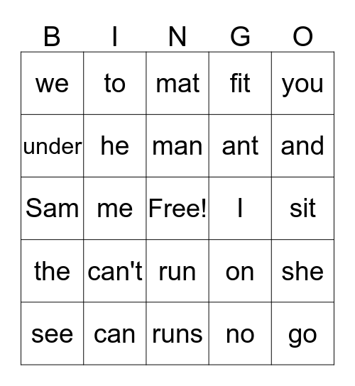 Sight Word Bingo Card