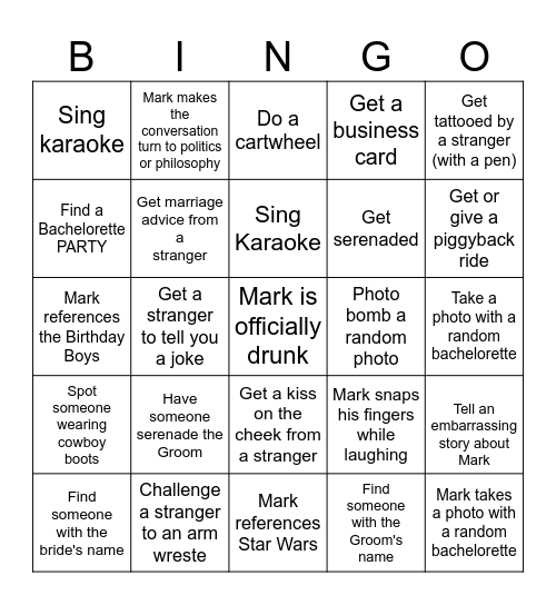 Mark's Bachelor Party (Attendee Card) Bingo Card