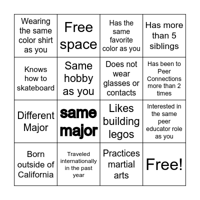 "Meet a Peer Educator" Bingo Card