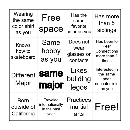 "Meet a Peer Educator" Bingo Card