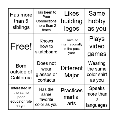 Meet a Peer Educator Bingo Card