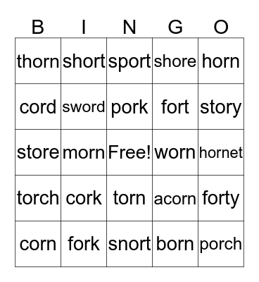 "or" words Bingo Card