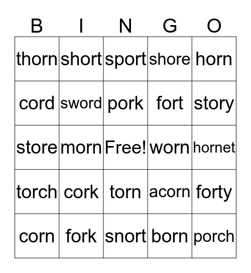 "or" words Bingo Card