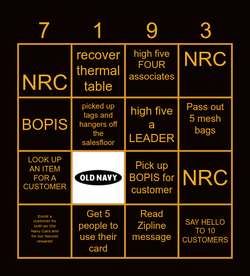 Cashier  BINGO Card