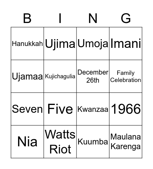 Kwanzaa Bingo Card