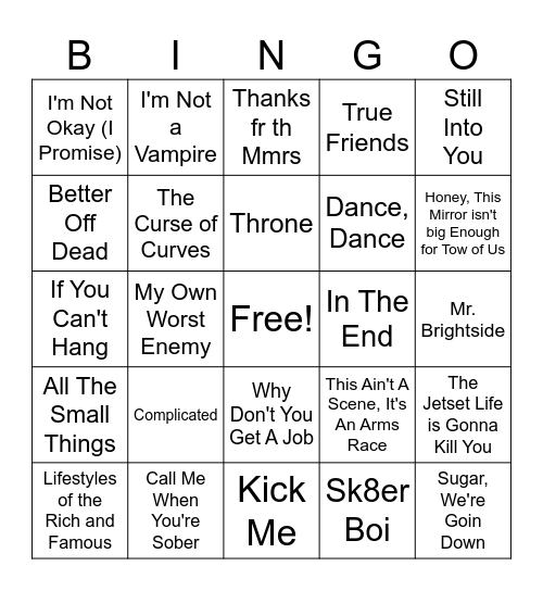 Emo Music Bingo #2 Bingo Card