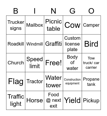 Road trip bingo Card