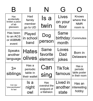CHEM 164 Introduction Bingo Card
