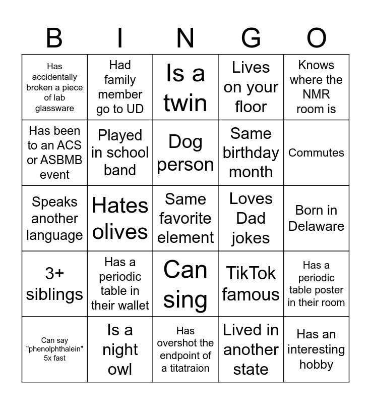 CHEM 164 Introduction Bingo Card