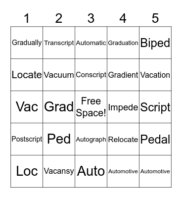 Root Words Bingo Card