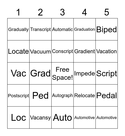 Root Words Bingo Card