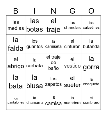 La Ropa Bingo Card