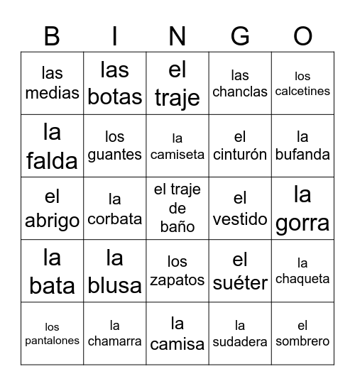 La Ropa Bingo Card