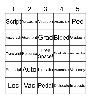 Root Words Bingo Card
