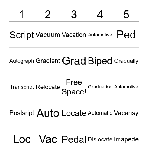 Root Words Bingo Card
